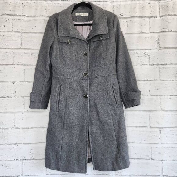 Kenneth Cole Women's Grey Lined Wool Blend Button Front Long Peacoat Size 8 - Picture 1 of 16